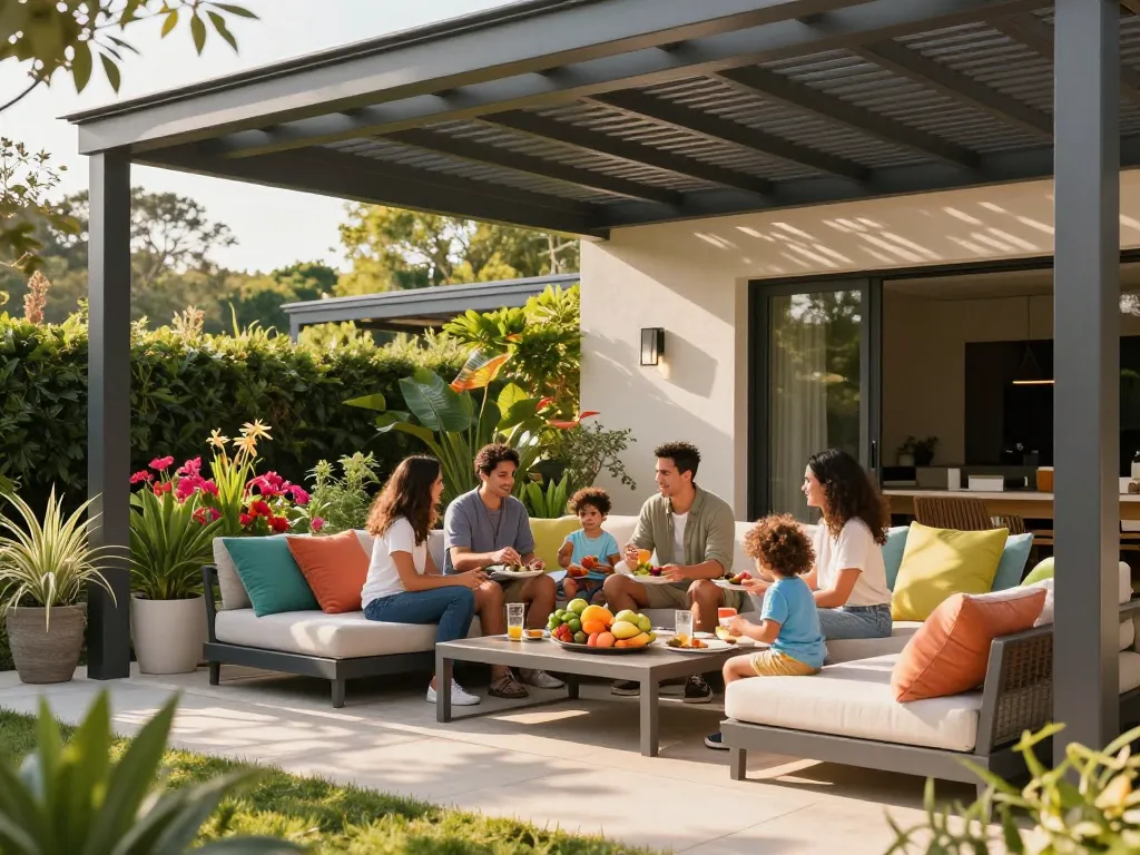 Design your dream outdoor space with a customizable pergola configurator, featuring vibrant family dining under adjustable louvered roof.
