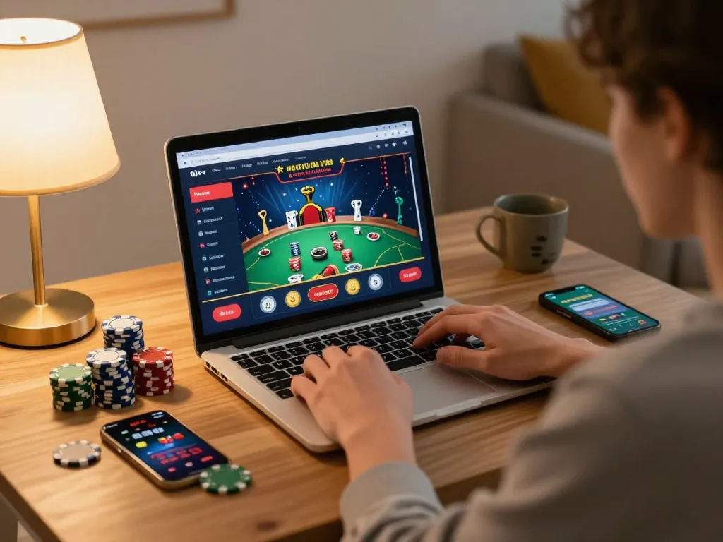 32win user immersed in online poker gameplay, showcasing a vibrant home gaming environment.