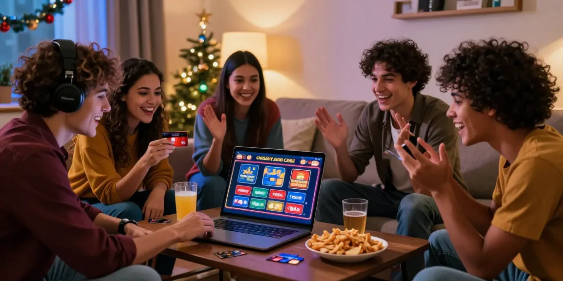 Friends exploring credit card casinos at home, showcasing a lively gaming atmosphere with snacks and drinks at https://cocomaya.co.uk/.