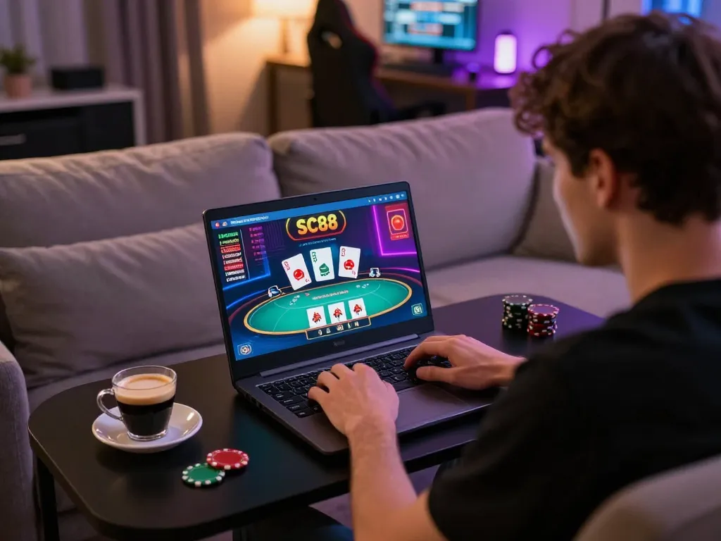 Engage with SC88 casino gameplay on a laptop in cozy home setting