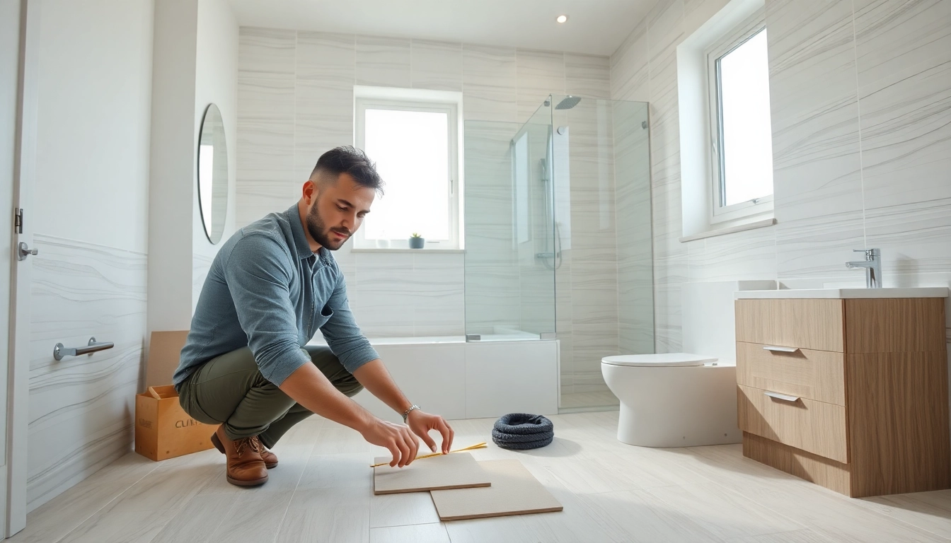 Skilled bathroom fitter Manchester installing modern fixtures in a stylish home renovation.