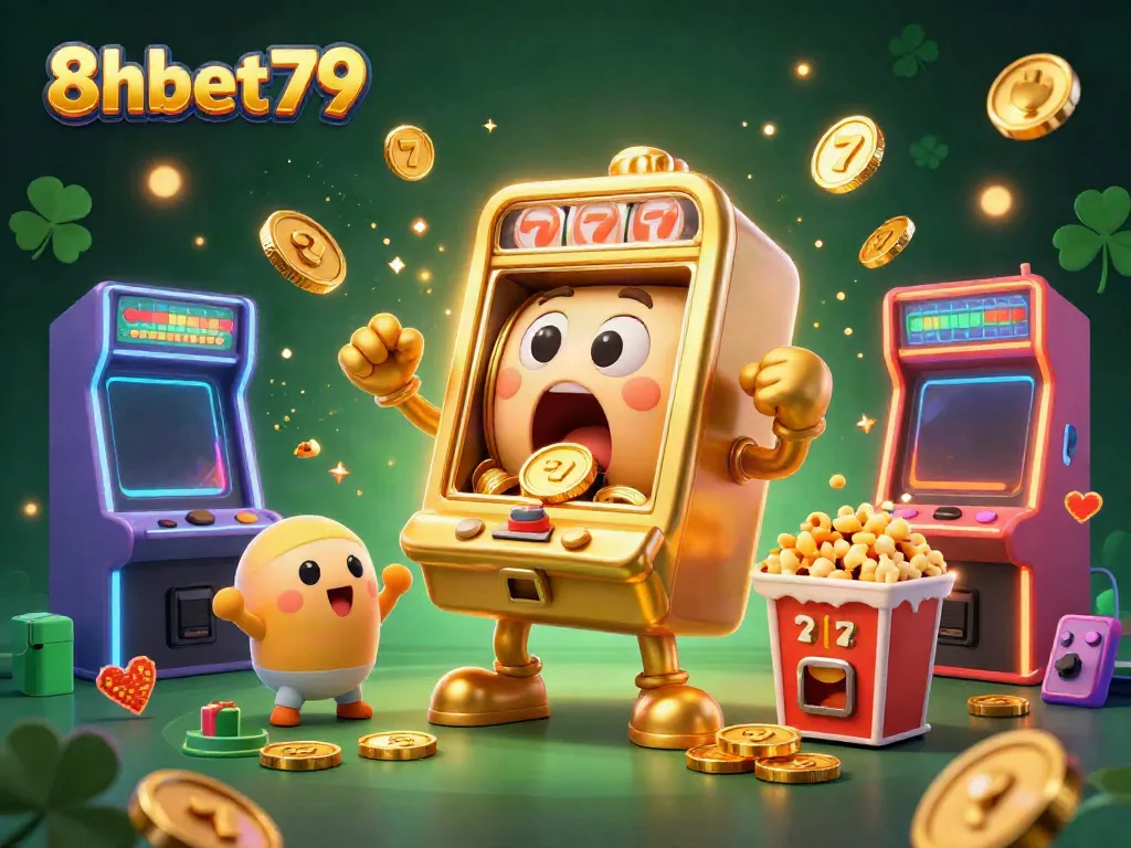 Experience the thrill of winning with 8xbet79; a lively slot machine hitting the jackpot amid sparkling coins.