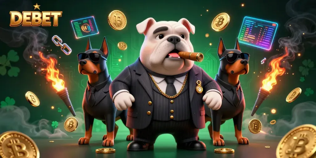 DEBET, the mafia boss bulldog leading a powerful casino scene with glowing crypto elements.