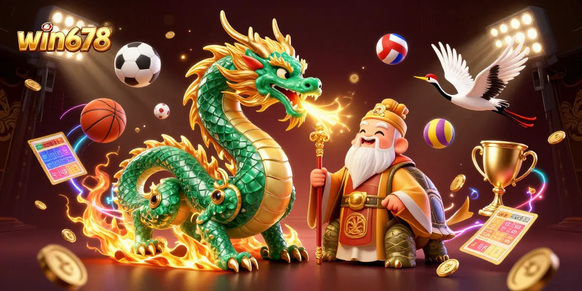 Experience the thrill of win678 with a dynamic casino scene featuring a jade dragon and sports elements