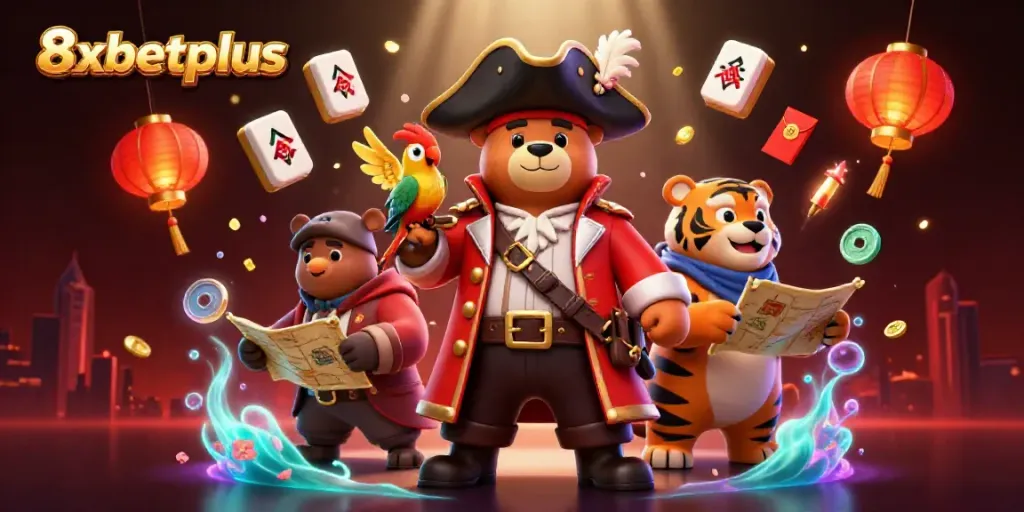 Engage with 8xbetplus in an immersive 3D casino atmosphere featuring vibrant characters and dynamic game elements.