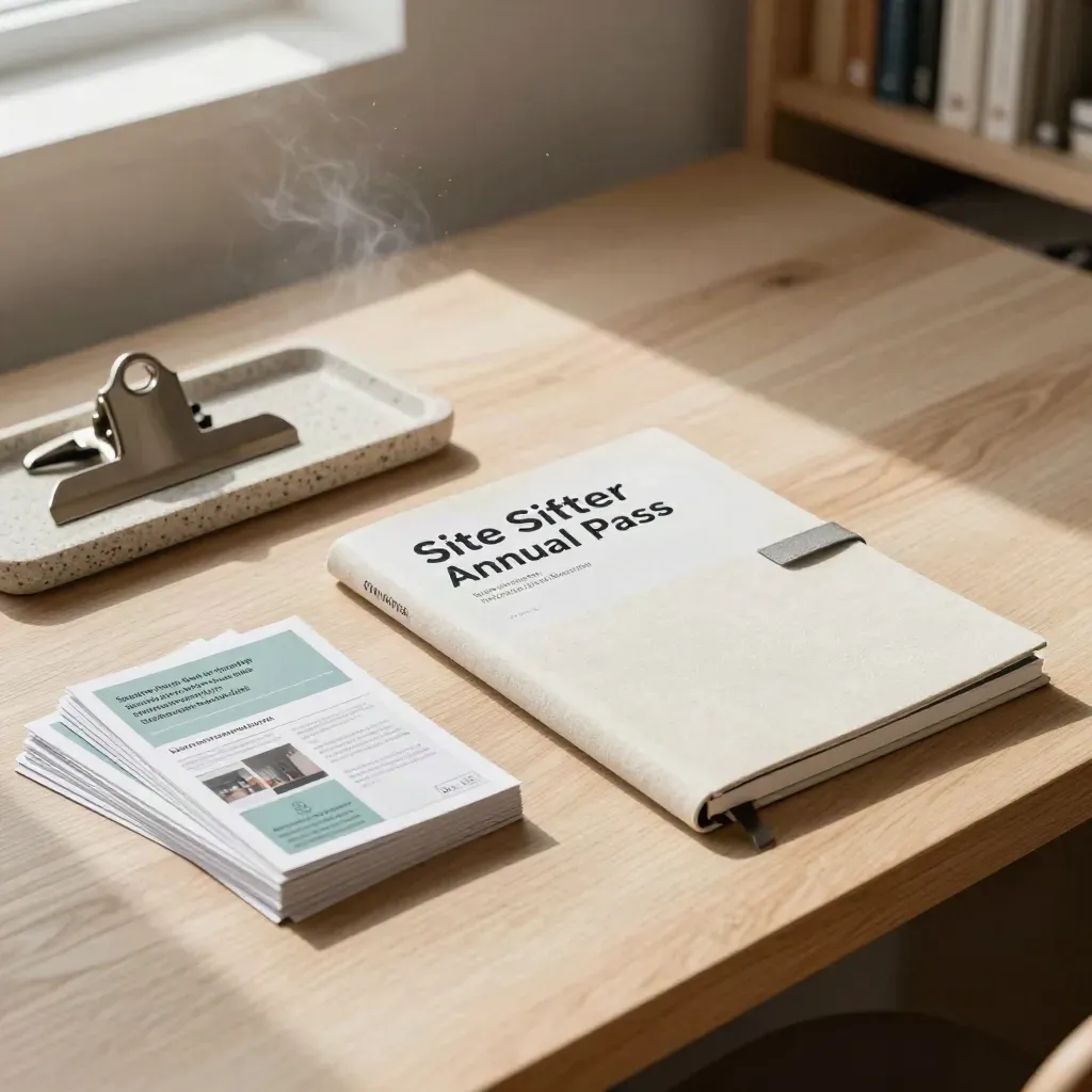 Annual Site Sifter folio, notebook, comparison cards and clip on pale oak in soft daylight.