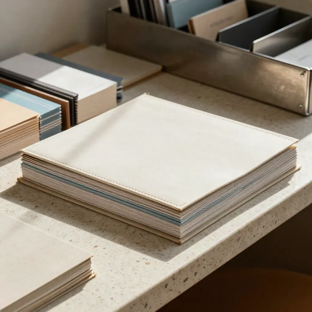 Competitor research folders and comparison tiles on pale stone with soft sky-blue accents.