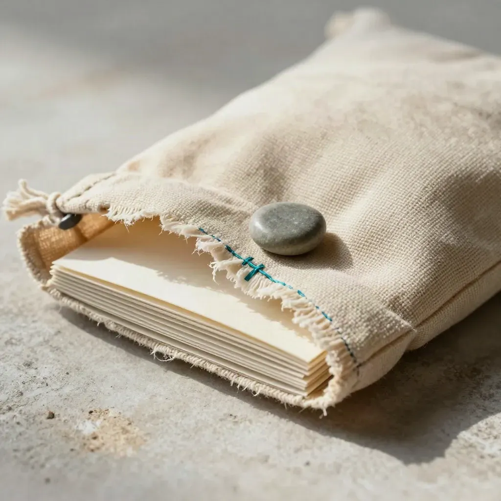 Macro of a raw cotton pouch with layered cards and a stone weight on pale plaster.
