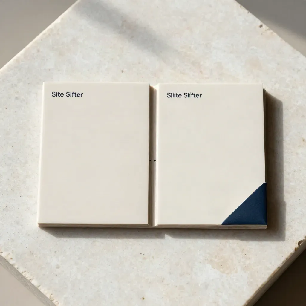 Overhead flatlay of comparison tiles and a folded navy corner marker on white stone.