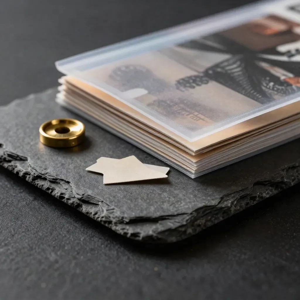 Curated site deck in a translucent sleeve on a slate tray with brass spacer and paper scraps.
