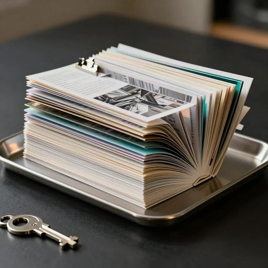 Layered research folios and tabbed card stacks on brushed steel under dramatic light.