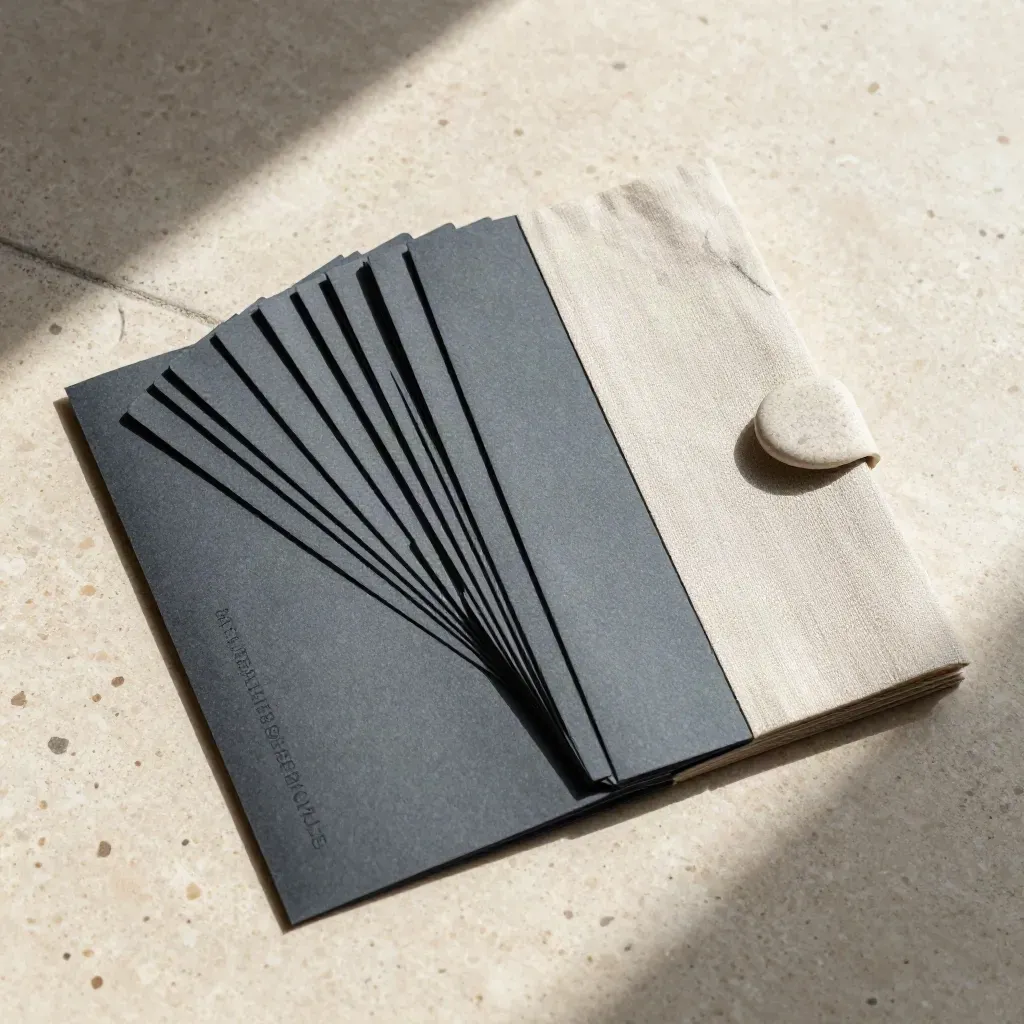 Flatlay of a slim search pack folio with fanned cards, linen divider and pebble on pale stone.
