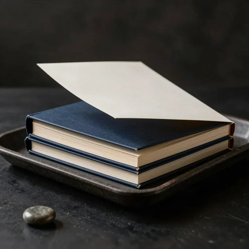 Three report folios in a linen tray, mid-lift under dramatic studio light