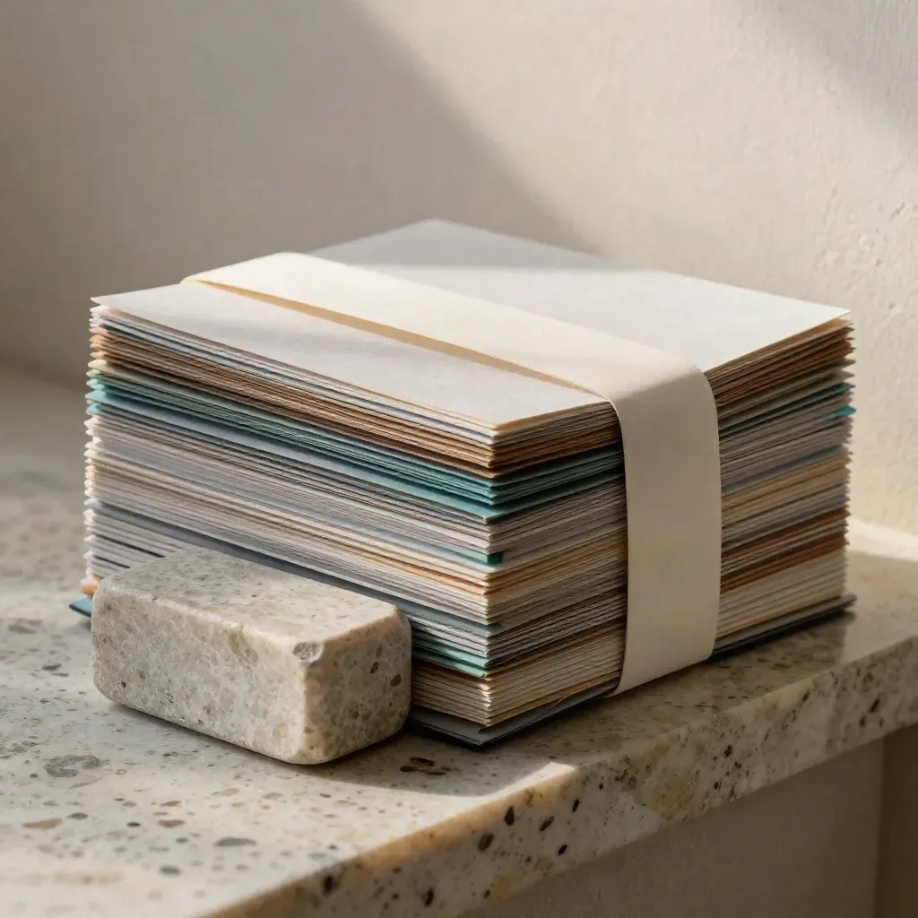 Frosted archive sleeve with tabbed cards, stone block, and paper band