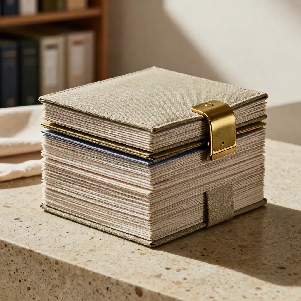 Neutral agency card stack in a rigid slipcase with dividers and brass clip on travertine.