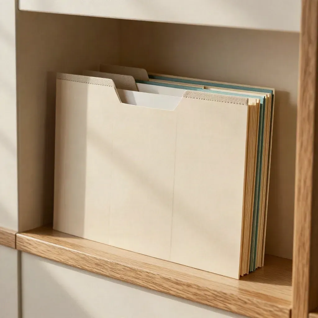 Four fanned folder sleeves in a pale oak niche with a teal cloth tab, softly lit.