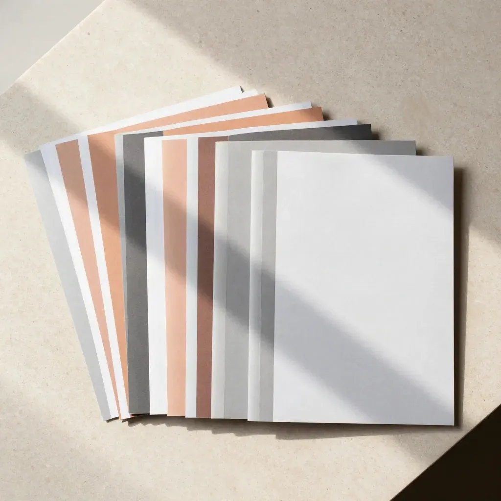 Overhead flatlay of twelve paper guides arranged in a precise grid on pale limestone.