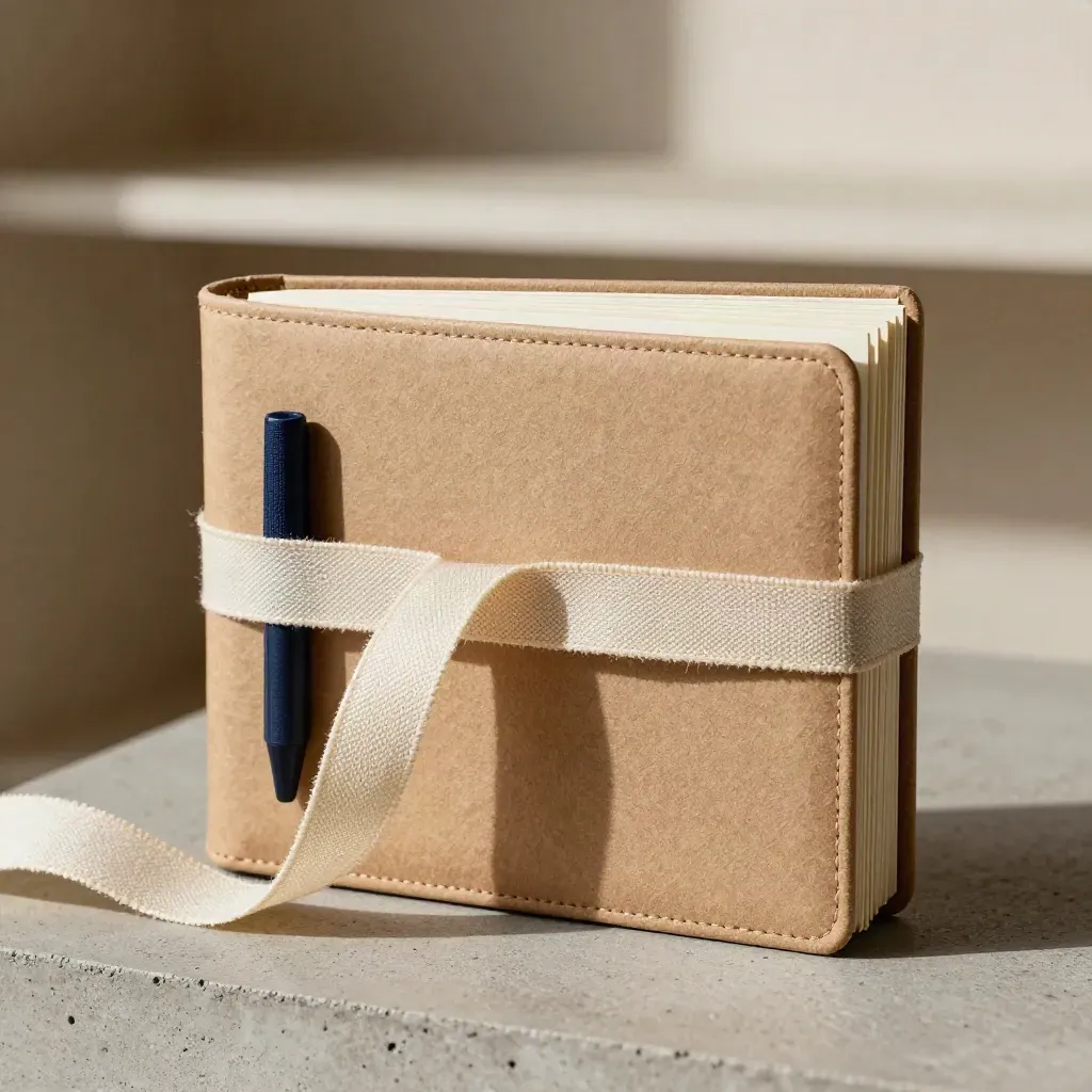 Close-up of a kraft slipcase folio with linen ribbon and stacked tabs on concrete.
