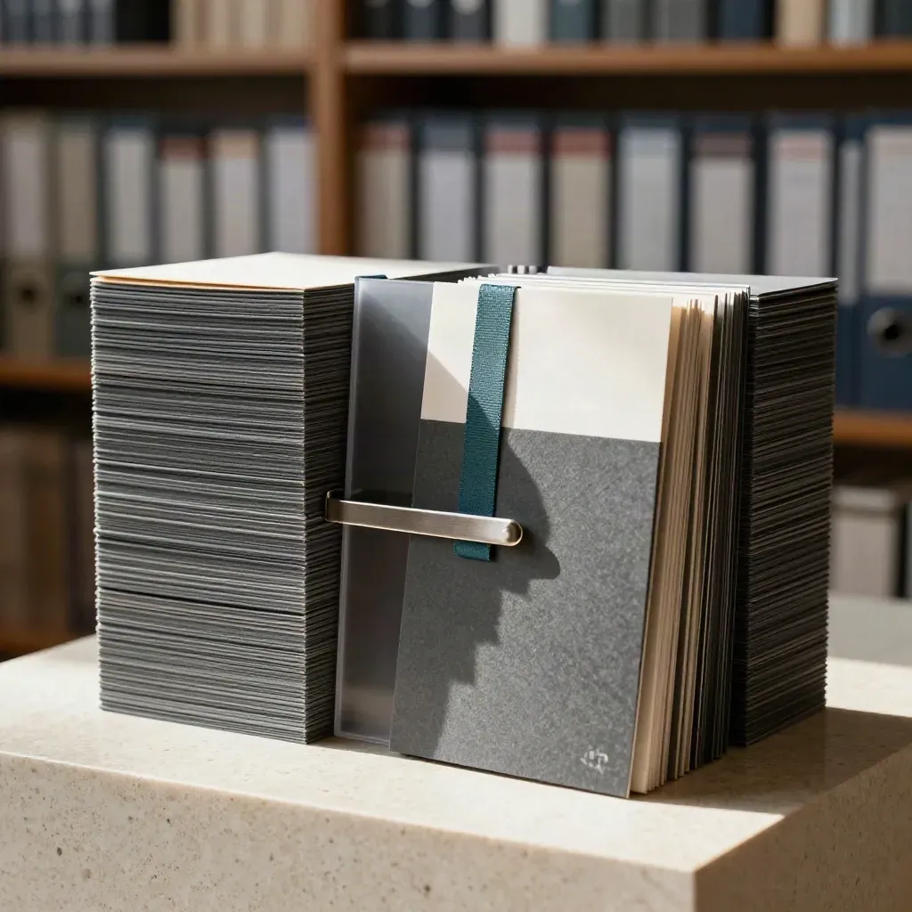 Premium compare folio with leaning charcoal stacks, brushed metal spacer, and a muted teal tab on travertine.