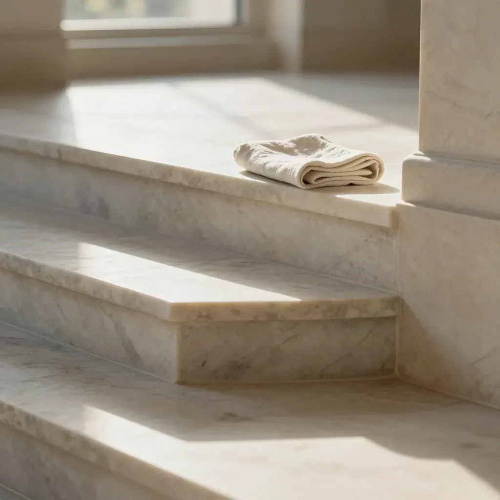 Sunlit marble stair landing with a pale stone ledge and one soft linen shape in calm space.