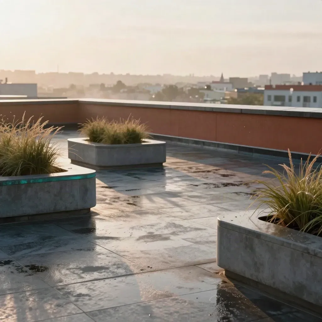Rain-polished rooftop terrace with mist, concrete planters, and a distant city edge in golden hour.