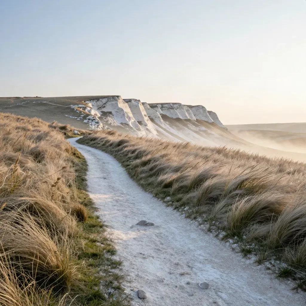 Chalk hillside path, grasses and pale stone outcrop in misty late sun