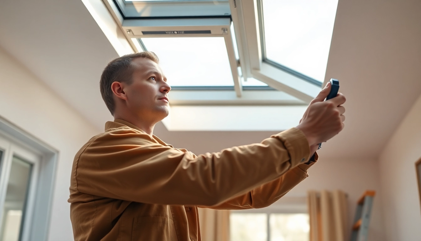 Expert technician performing Velux repairs on a skylight in a bright home.