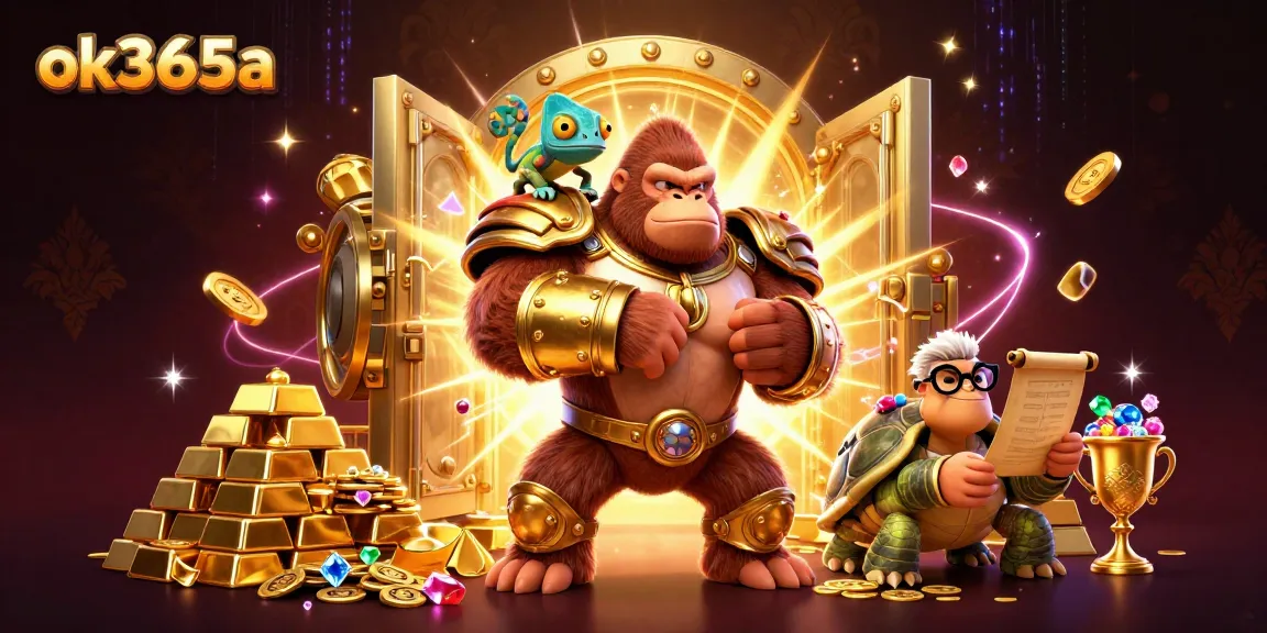 Engage in exciting gameplay at ok365a with a vibrant 3D casino scene featuring colorful characters and treasure.
