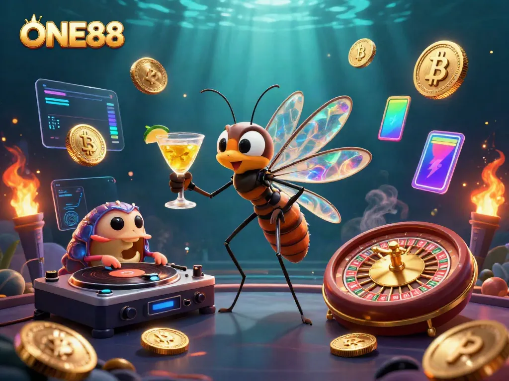 Experience the thrill of ONE88 with an energetic casino scene featuring unique characters and vibrant crypto elements.