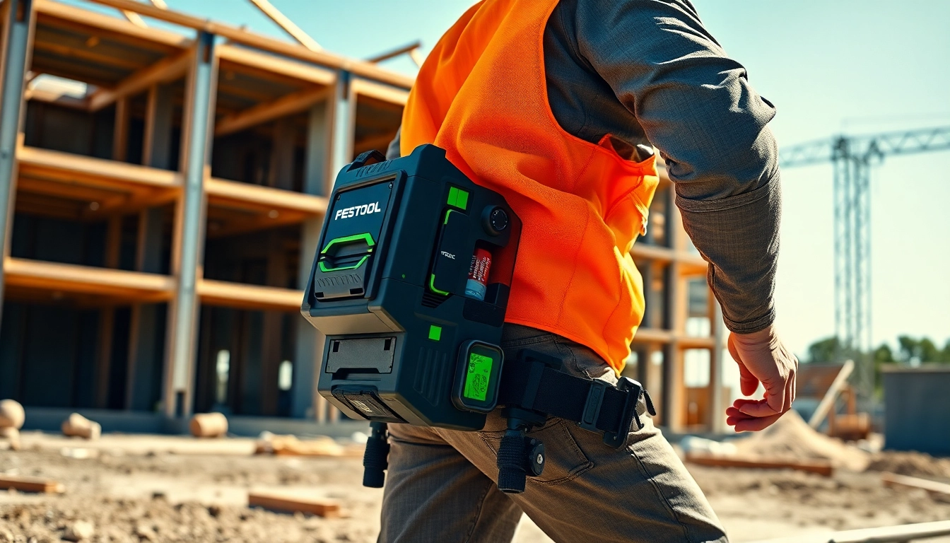 Worker utilizing Festool exoskeleton for enhanced productivity on-site.