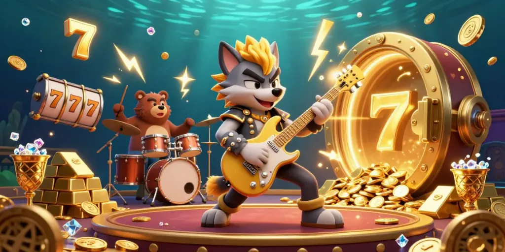 Experience vibrant casino action with 11BET, featuring a rock star wolf and a wild bear in a dazzling 3D scene.