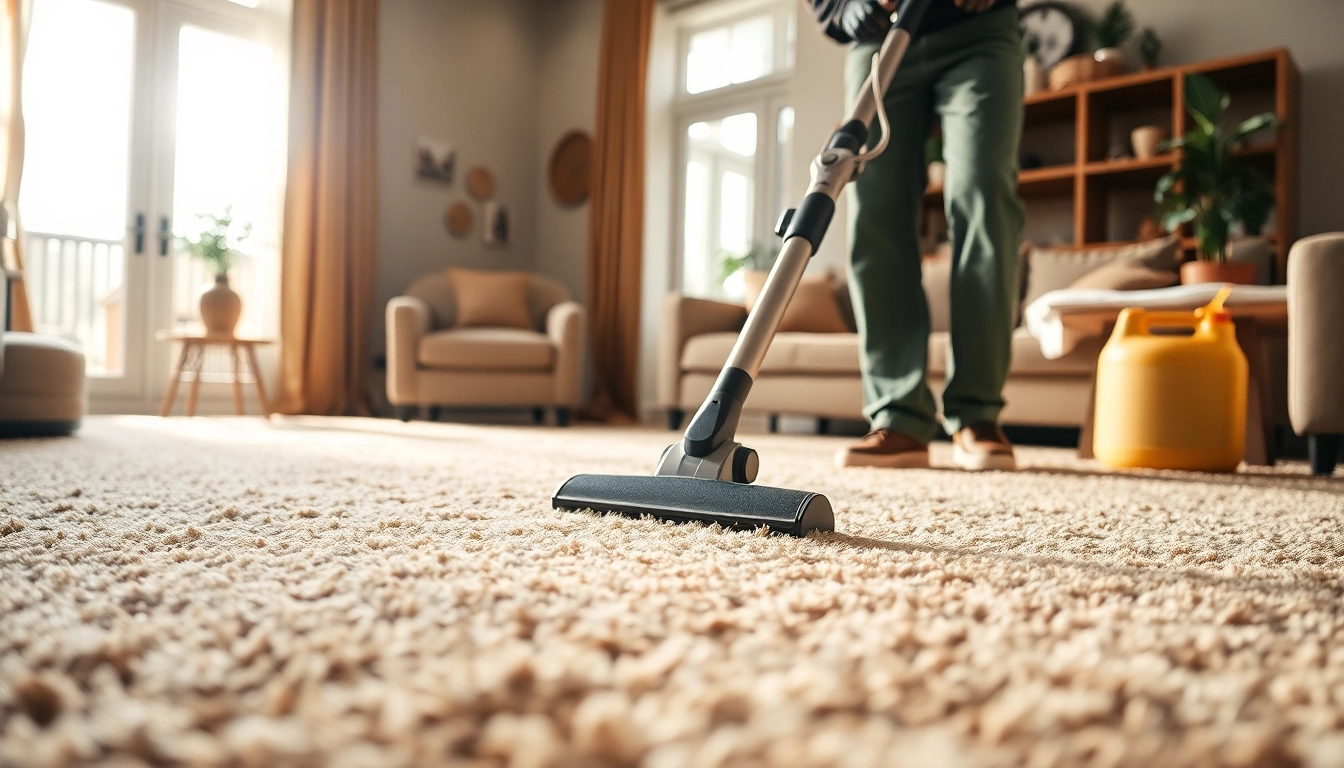 Carpet cleaners in Glasgow performing professional carpet cleaning in a stylish living room.