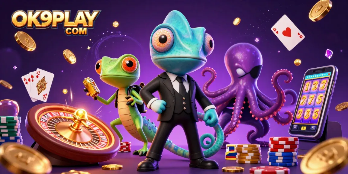 Engage with thrilling slots and jackpots at OK9PLAY COM amidst vibrant casino elements.