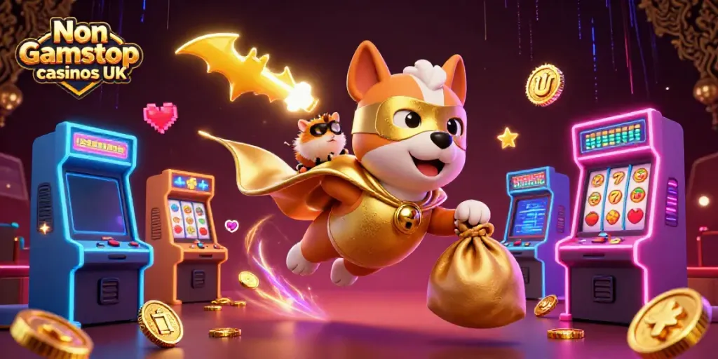 Engaging scene of Non gamstop casinos UK with a cartoon superhero dog and hamster amidst vibrant casino elements.