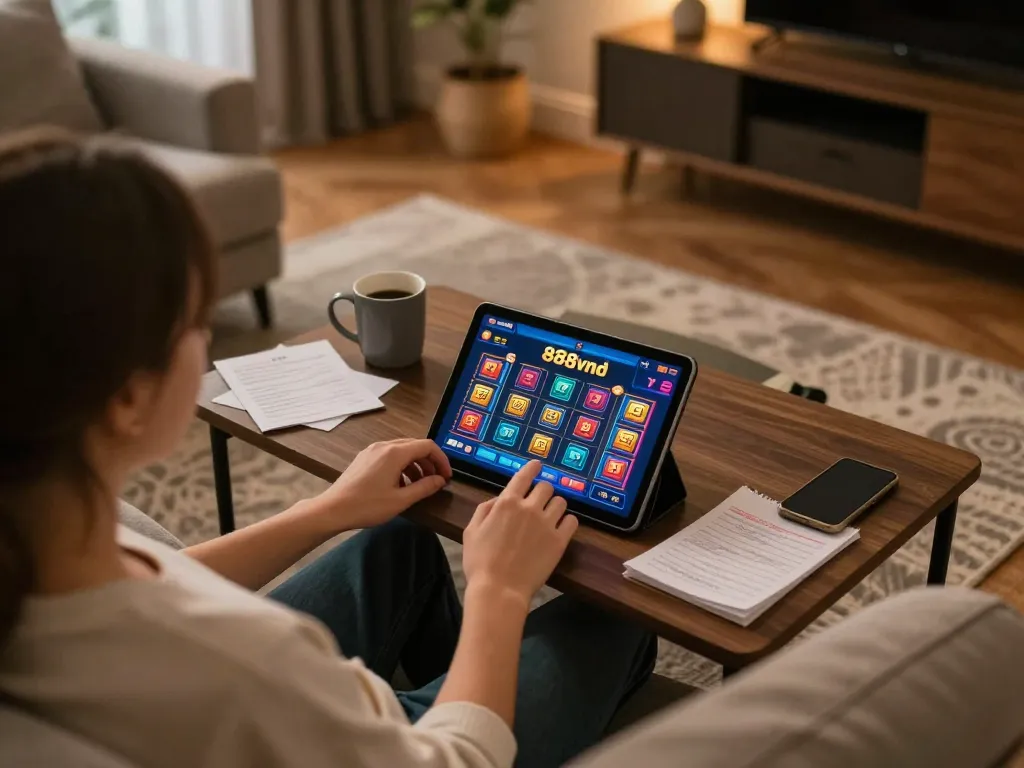 Engaging with 888vnd online casino gaming in a cozy home setup