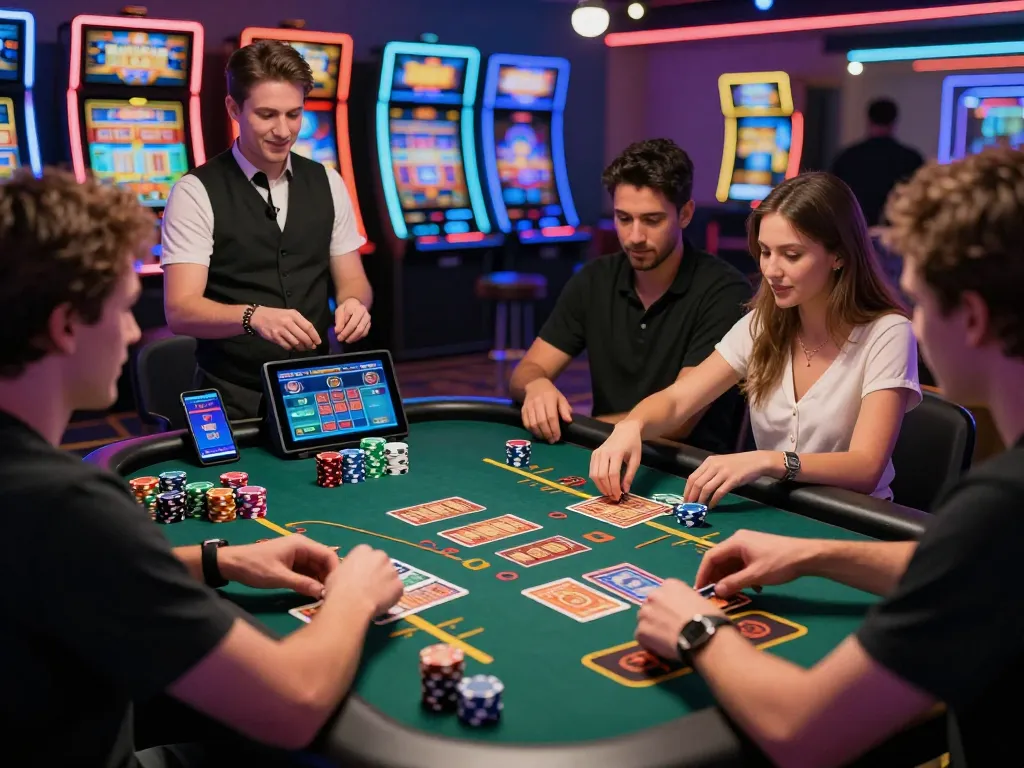 Exciting online casino gaming scene featuring diverse friends at a digital table around https://gem88.com.mx/.