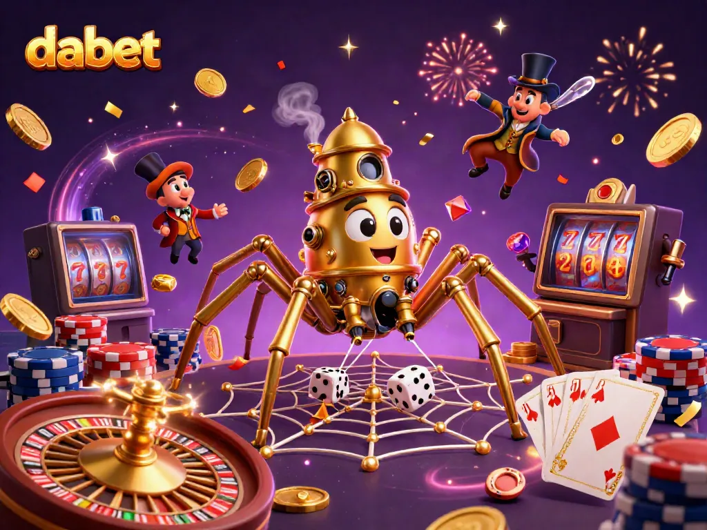 Engage with Dabet's exciting gaming experience featuring a steampunk spider and animated casino elements.