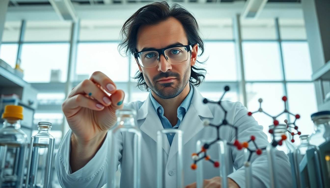 Scientists studying Peptides UK in a modern laboratory setting with vibrant sunlight.