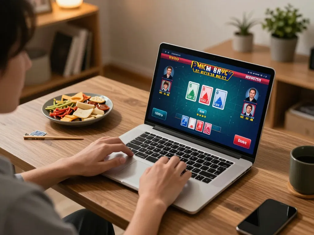 Engaged player enjoying game bài online at home with laptop and snacks