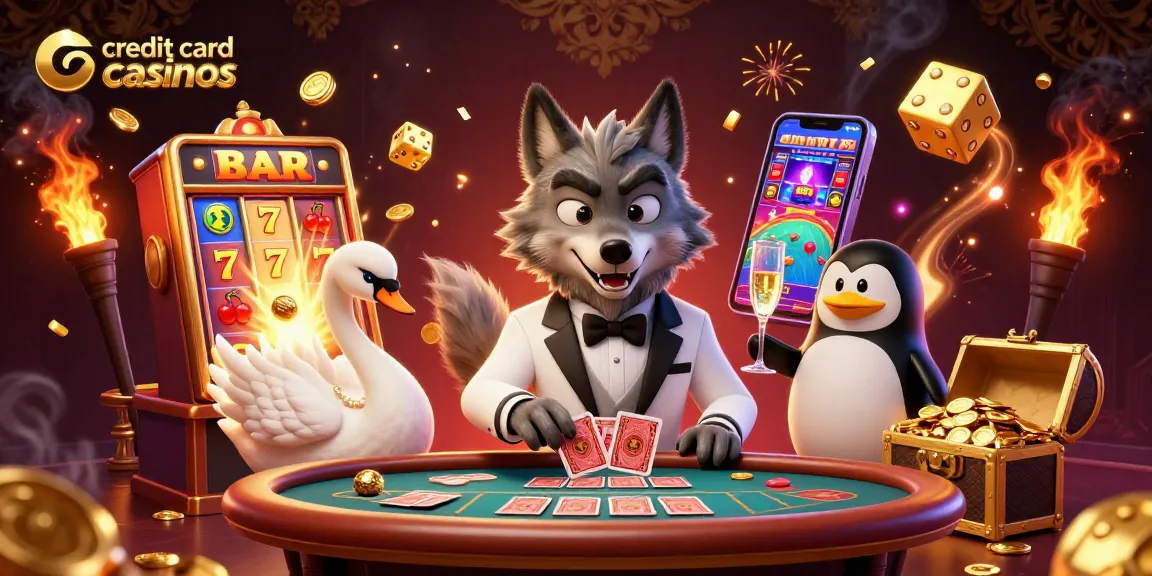Experience thrilling gameplay at credit card casinos with dynamic characters and festive casino elements.