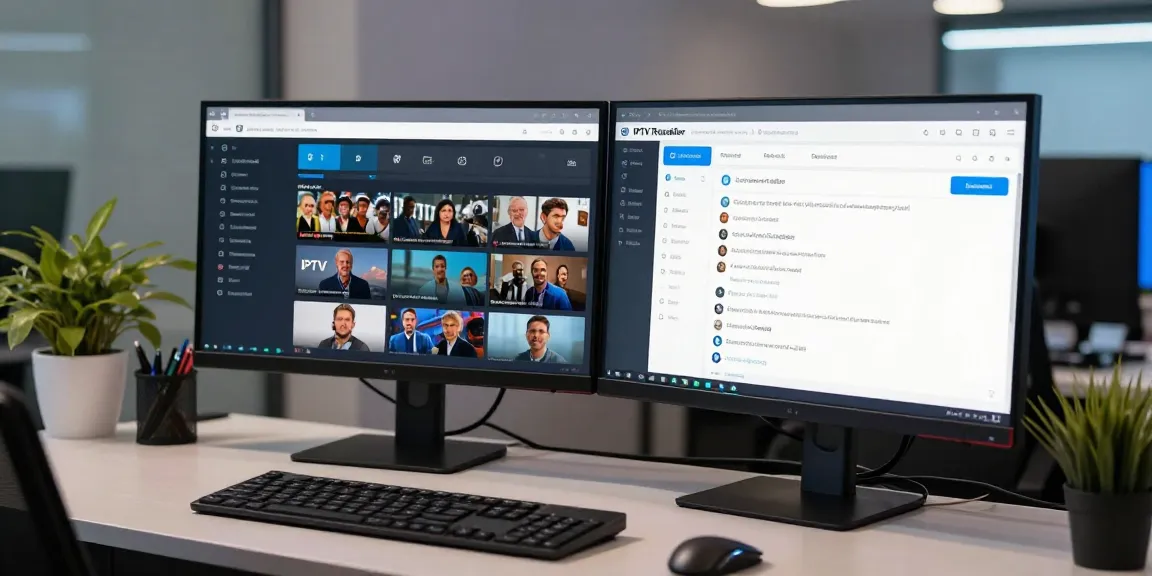 IPTV reseller dashboard displaying live channels and support chat in a modern tech workspace.