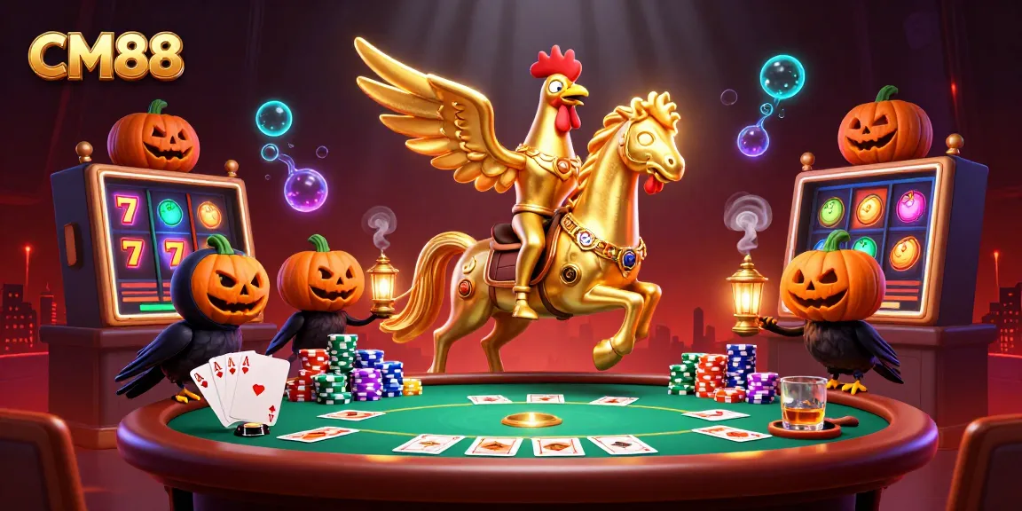 Experience CM88's thrilling casino atmosphere with a golden rooster character surrounded by jackpot reels.