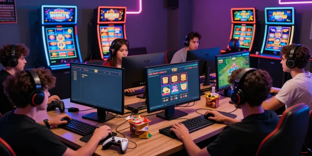 Experience the excitement of online gambling at https://lu88.vote/ with players engaging in diverse games in a vibrant setup.