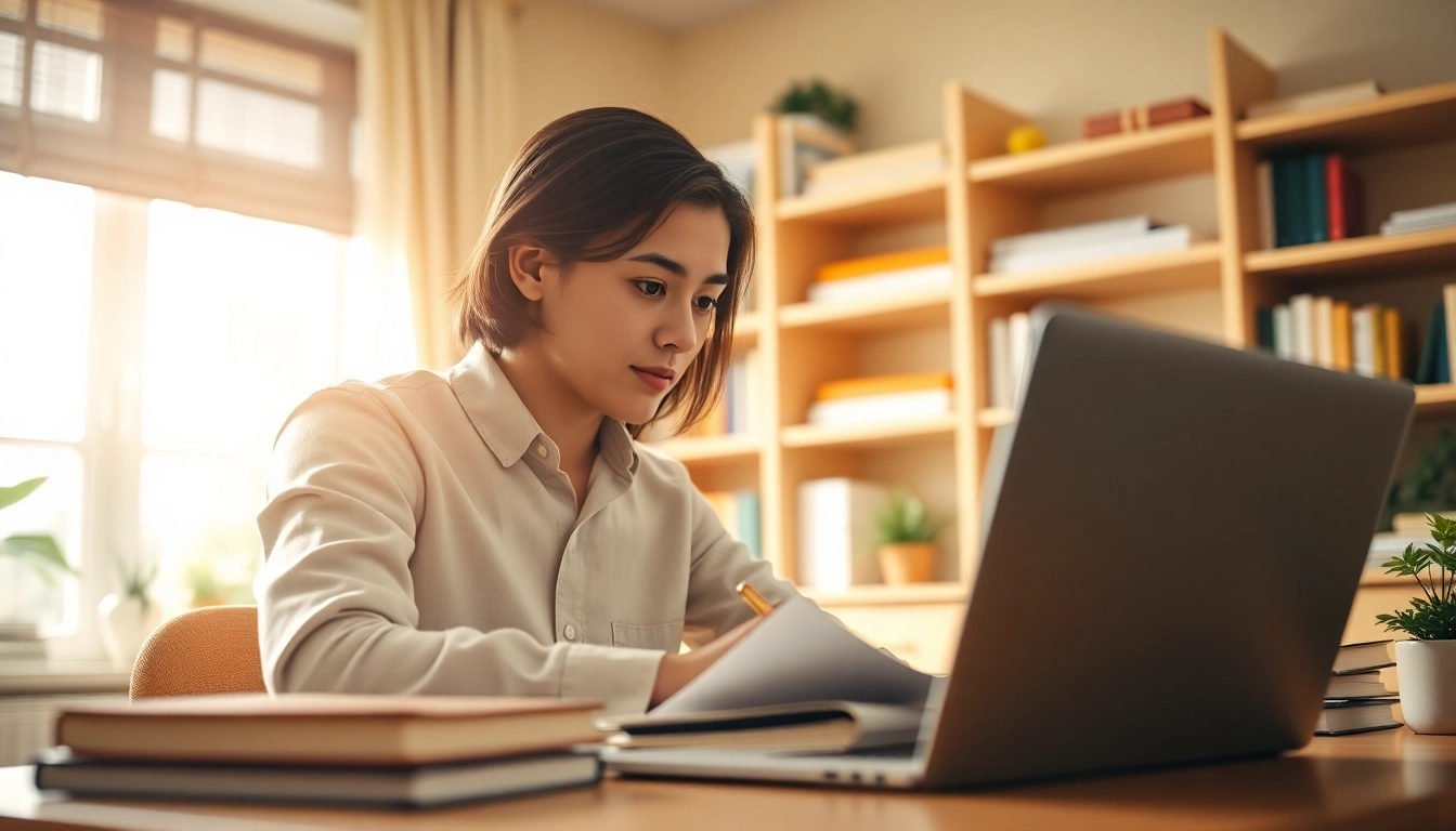 Engaged student utilizing online exams help while studying in a bright home office.