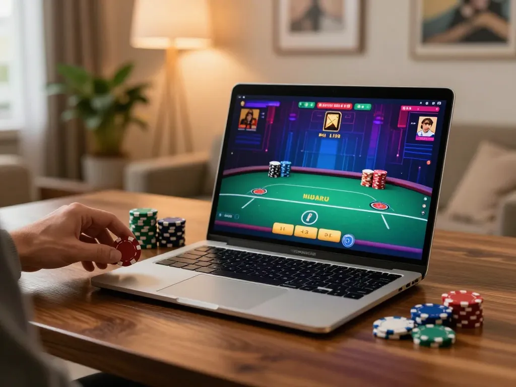 fly88 player engaging with exciting online poker game on a sleek laptop in a warm home setting