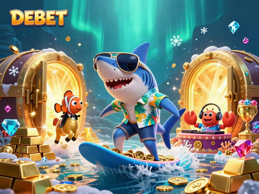 Experience thrilling bets with DEBET's vibrant casino scene featuring playful aquatic characters.