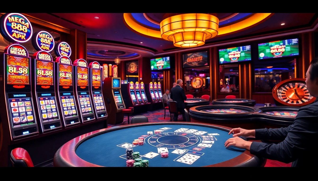 Exciting casino scene showcasing Mega 888 APK slot machines and poker games in action.