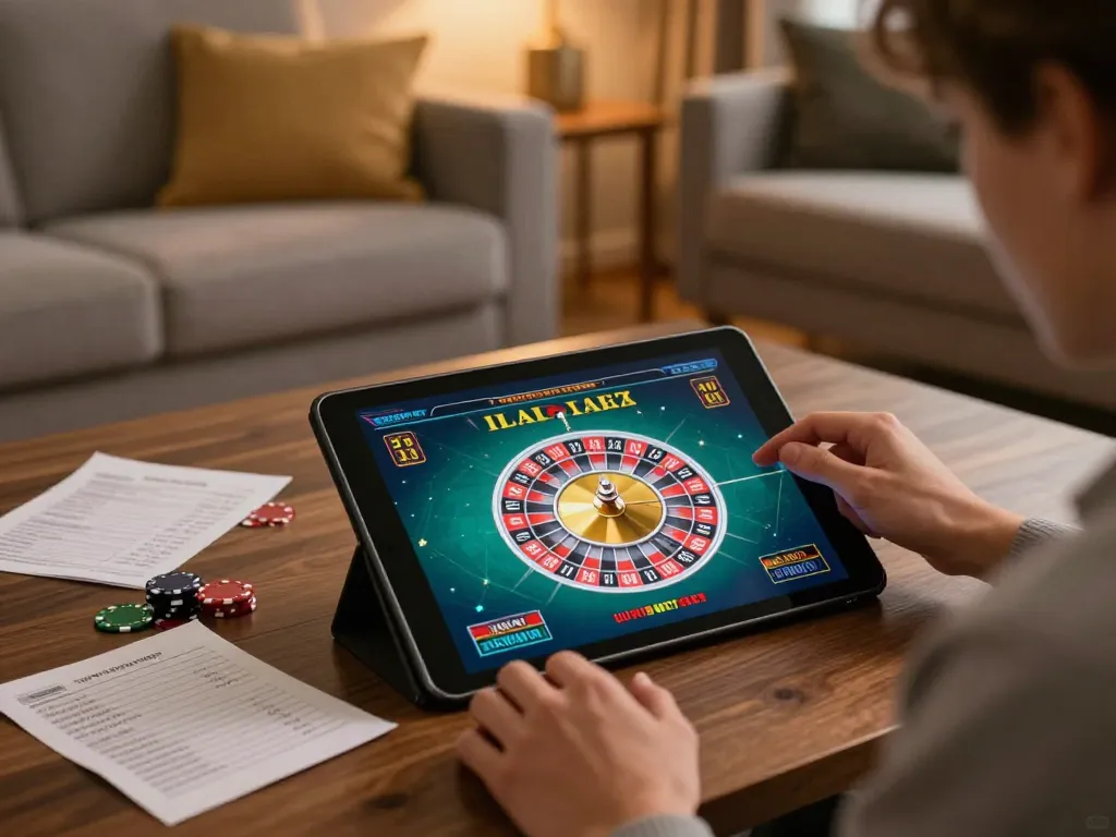 Player enjoying 789WIN roulette game on tablet in a cozy living room setting.
