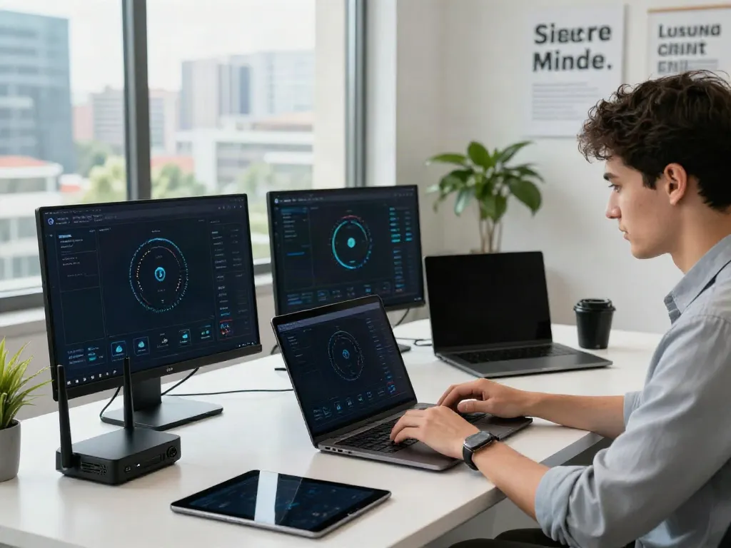 Workspace showcasing internet connectivity with professional using laptop and tech devices.