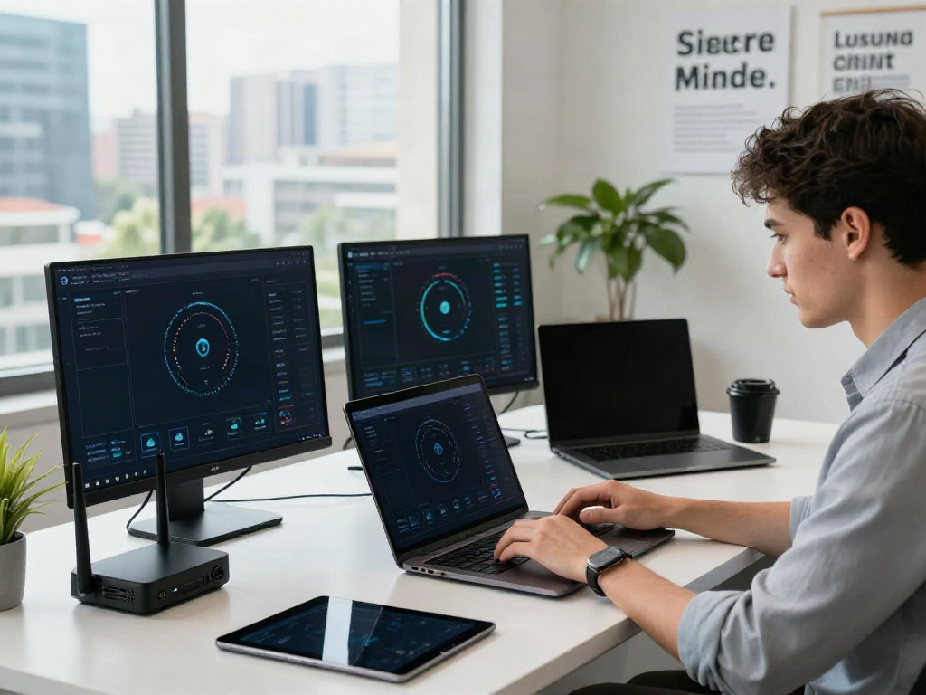 Workspace showcasing internet connectivity with professional using laptop and tech devices.